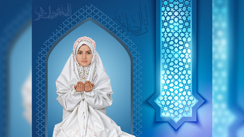 دانلود بک گراند جشن تکلیف خام 915 با قاب محرابی آبی و ستون نورانی با نقوش هندسی اسلامی