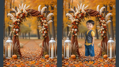 بک‌گراند آتلیه پاییزی پسرانه با طاق گل پاییزی، مسیر جنگلی و نور طبیعی