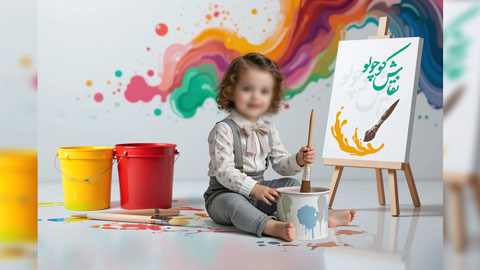 بک گراند آتلیه‌ای کودک با تم نقاشی، بوم هنری، سطل رنگ و پس‌زمینه رنگارنگ مناسب عکاسی