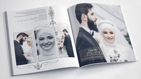 بک گراند آلبوم ژورنال عروس و داماد با طراحی کلاسیک سیاه‌وسفید و حاشیه تزئینی