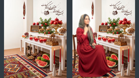 بک‌گراند دکور یلدایی با میز سنتی، انار، هندوانه و فرش ایرانی، مناسب عکاسی آتلیه‌ای