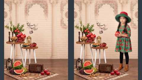 بک‌گراند تم یلدا دخترانه با دیوار آجری، انار، هندوانه و دکور سنتی، مناسب عکاسی آتلیه‌ای